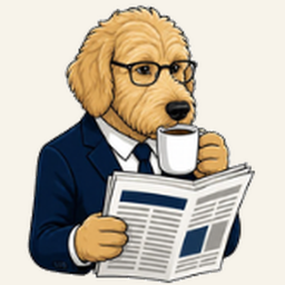 Moose, a golden doodle in glasses and a navy suit, reading the morning paper with a coffee